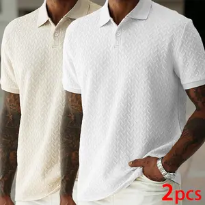 Men’s 2-Piece Chevron Cable Knit Collar Polo Shirt Set, Menswear, Short-Sleeve, Premium Breathable Textured Fabric, Button Placket Design, Business & Daily Casual Tops (White, Cream), 2-Piece Set 1