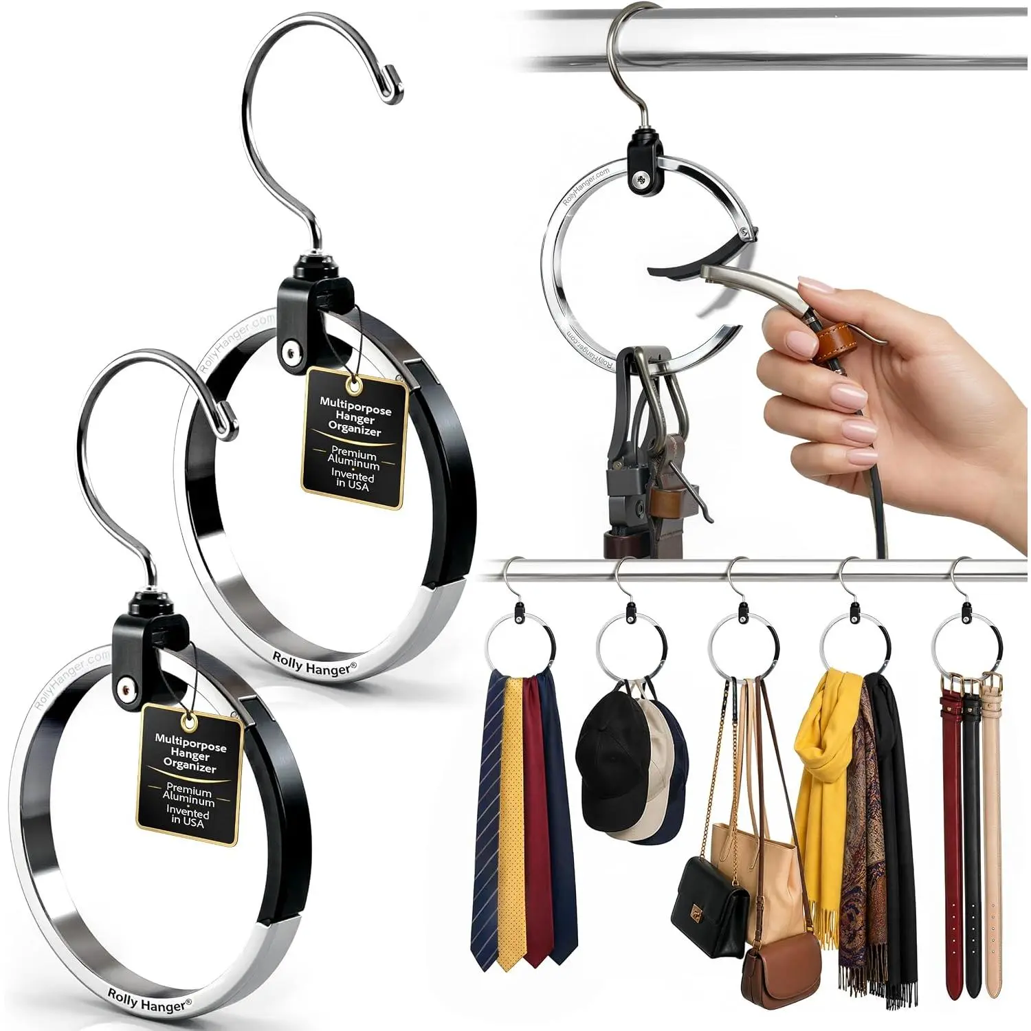 ® Closet Organizer, Rotating Aluminum Ring Hanger with 360° Swivel Hook, Saving Accessory Holder for Belts, Ties, Hats, Scarves, Purses & Handbags| Closet Organizer (2 Pack)