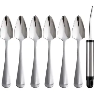 7Pcs Food Grade Stainless Steel Grapefruit Spoons & Knife Set Serrated Grapefruit Utensils Mirror Finish Suitable for Citrus Fruits Desserts Salads