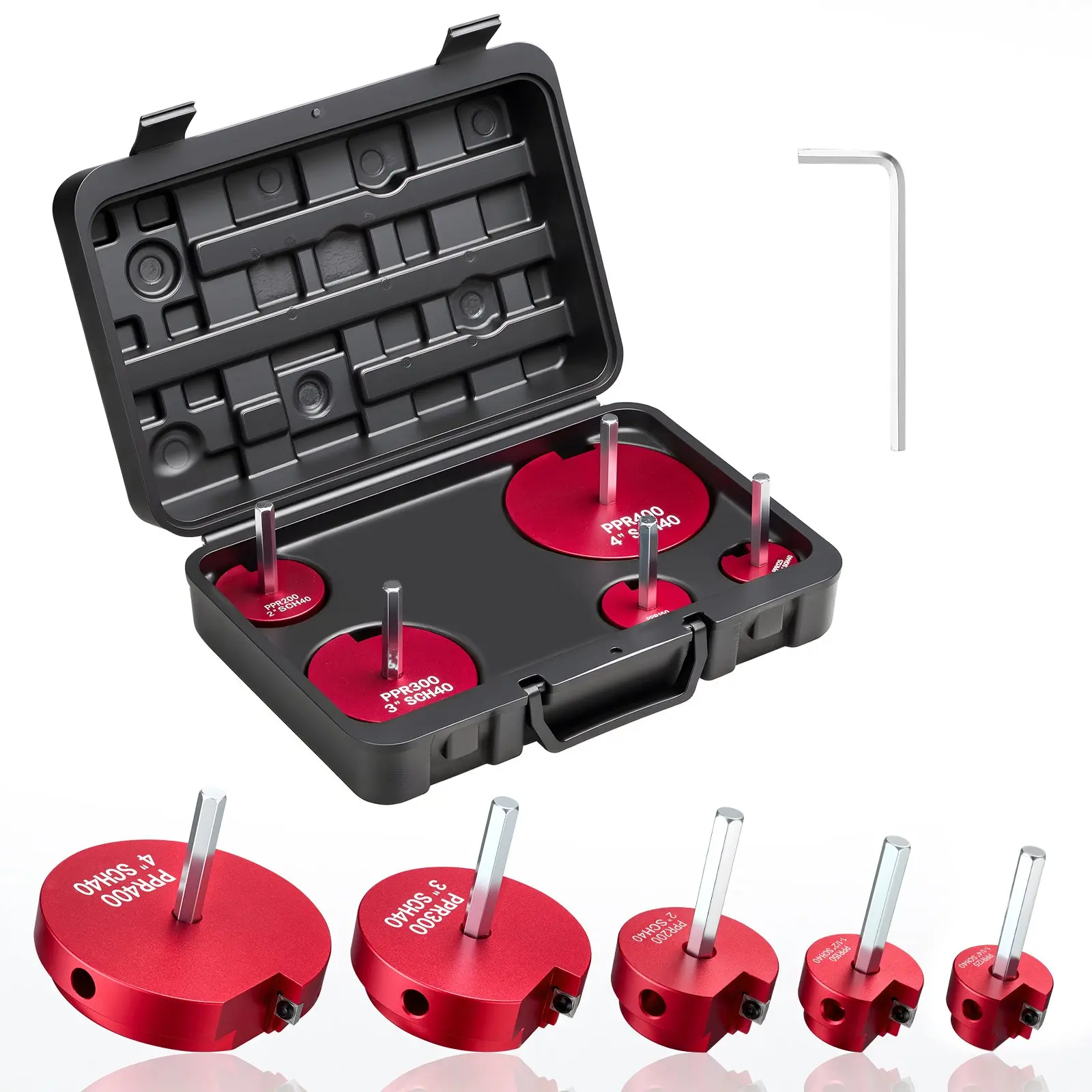 【DealsForYouDays】VEVOR 5-Piece PVC Pipe Reamer Kit, Drill Compatible Reaming Tool with 1-1/4",1-1/2",2",3",4" Sizes, Hex Wrench, Aluminum Alloy Socket Saver for Standard Size SCH40 ABS CPVC Vent Drain Water Pipes, Fits 1/2" Drills, Pipe Reaming