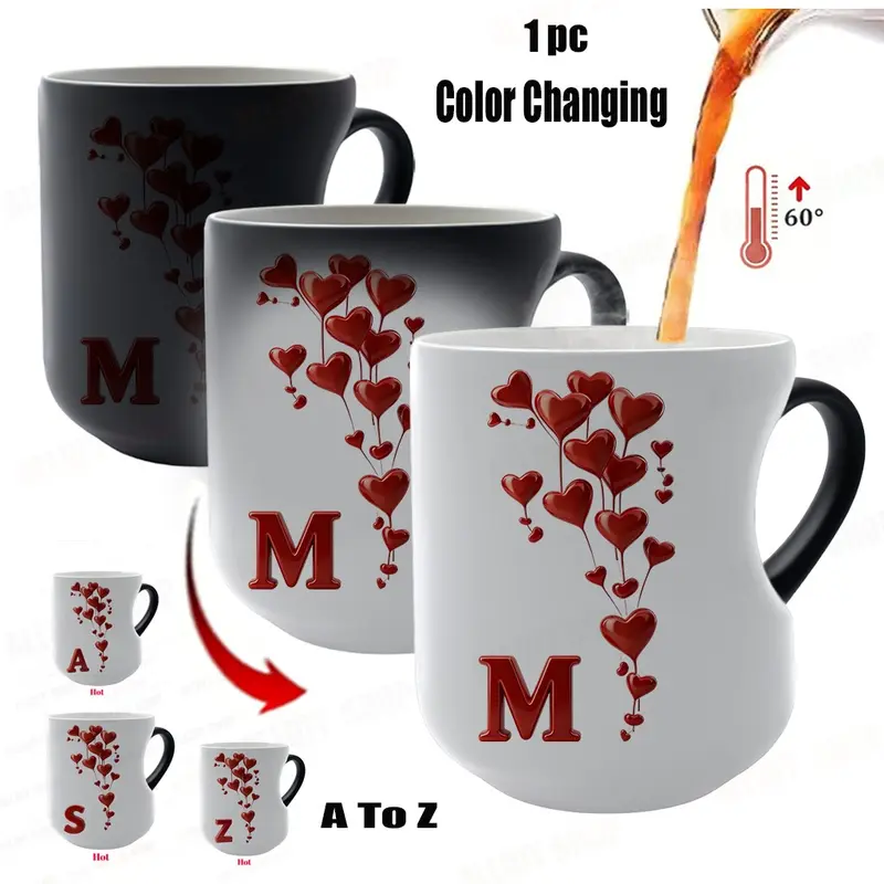 Color Changing Mug A-Z Initial Heart Coffee Cup, Thermosensitive Ceramic Mug with Heart-Shaped Handle, 11 Oz/330 Ml, Valentine's Day Gift