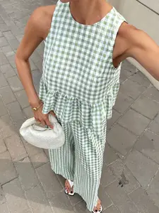 Women’s 2 Piece Gingham Set, Sleeveless Ruffle Top & Wide Leg Pants, Stylish Matching, Perfect for Casual Wear