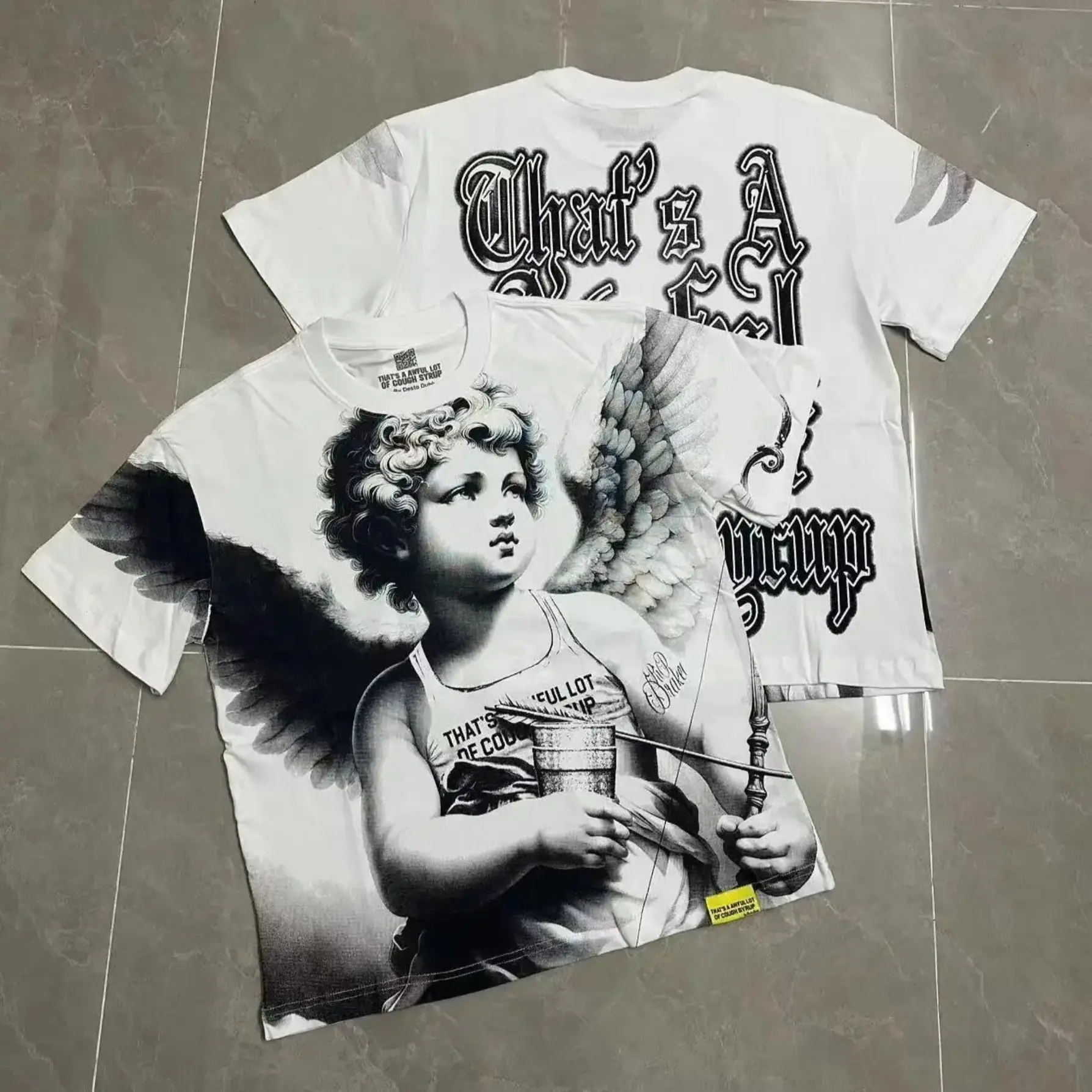 100% Cotton Cough Syrup Graphic Washed Short-Sleeve T-Shirt, Baggy Oversized Crew Neck, Vintage Cartoon Logo Print, Utility Fabric Sports Top for Men (Hip Hop High Street Casual Streetwear),back to school,back to school haul