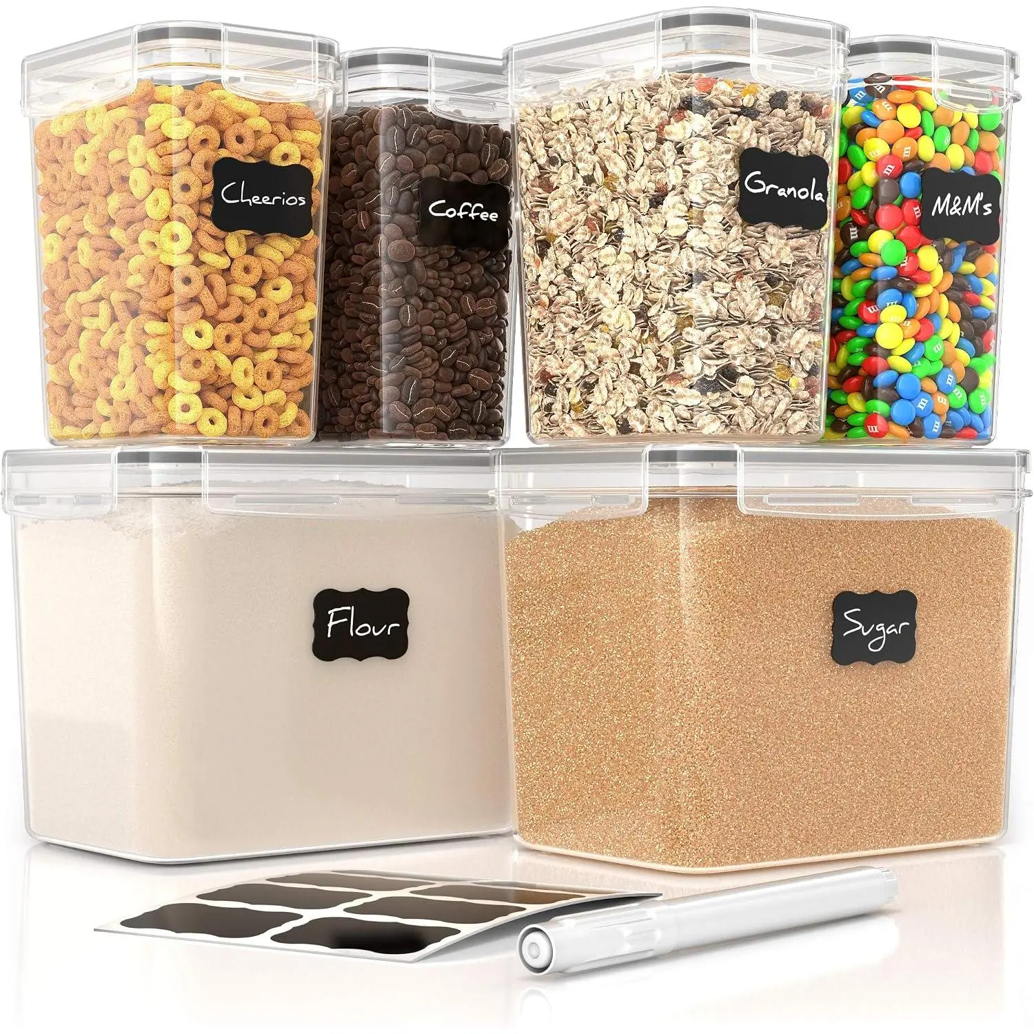 Airtight Flour and Sugar Containers with  – 3 count Kitchen Pantry Organization Set,  Clear Plastic, Stackable Canisters for Baking Ingredients, Rice, Snacks, Cereal