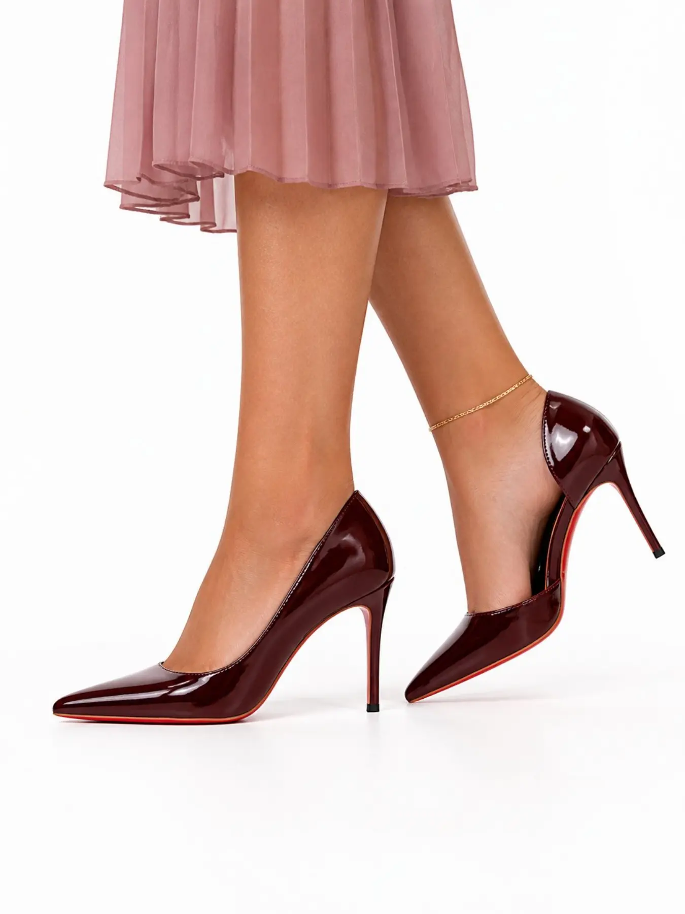 Women's burgundy patent‑leather side‑cutout pointed‑toe stiletto high‑heels, red‑soled side hollow‑out elegant thin‑heel pumps, domineering‑lady style high‑heeled shoes for dinner parties, dates, commuting and figure‑flattering looks