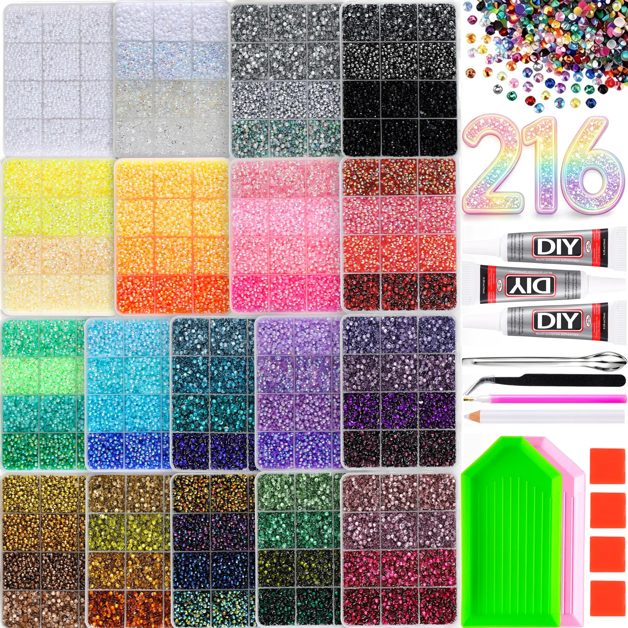 1Set 216-Grids Hot Selling Colorful Half-circle Nail Rhinestone Bedazzling Kit 3/4/5mm Shiny AB Jelly Color Resin Flatback Crystal Nail Diamond Art DIY Book Cover Cosmetics Crafts