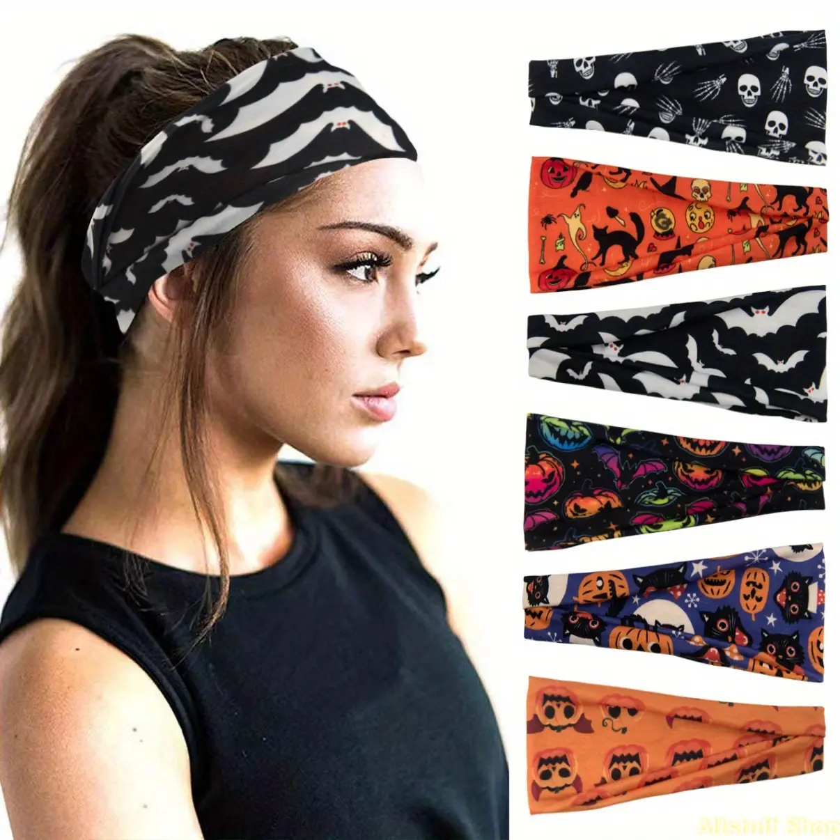 7pcs Halloween Headbands with Skull Prints, Stretchy Party Wear Fabric, Non-Slip Costume Ready Sports Hair Accessories, Stretchy Fabric