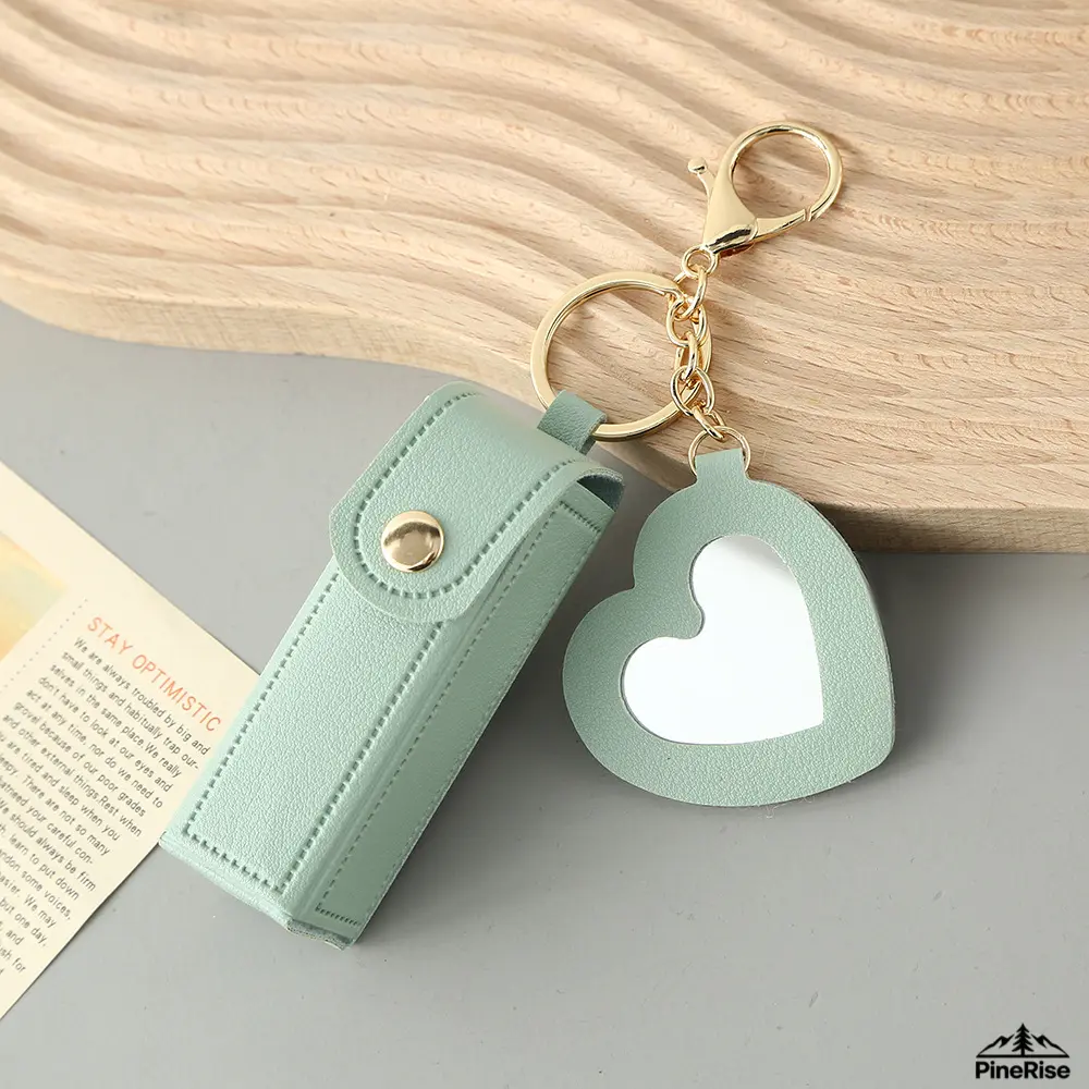 Portable Leather Lipstick Pouch Mini Heart Mirror Keychain Charm Small Cosmetic Storage Bag Fashion Accessory For Indoor Leisure Daily Outfit Matching