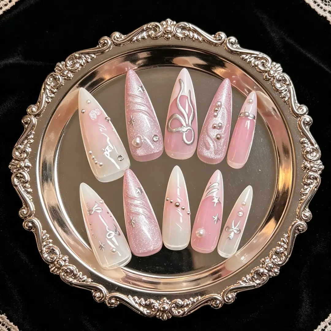 Pink Gradient Sweet Cool Butterfly & Starburst Press On Nails, Glitter Silver Line 3D Rhinestone Luxury Reusable Nail Tips, Perfect For Dating, Parties & Gifting. Includes Jelly Glue and Nail File Strip