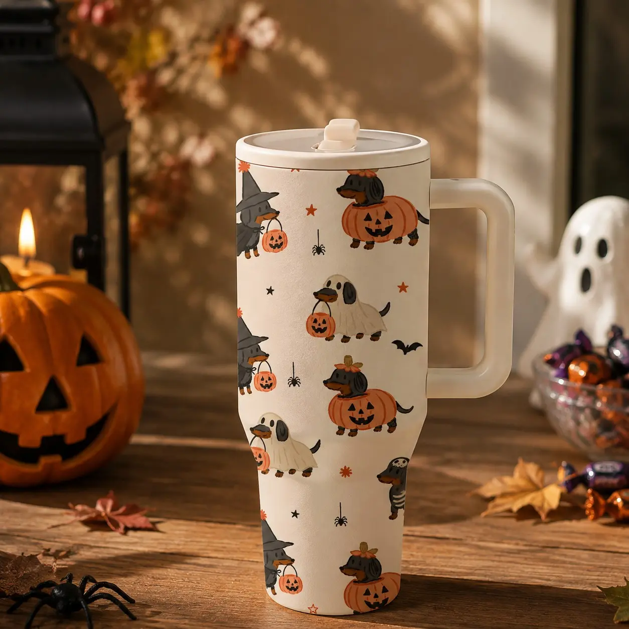 40oz Pumpkin Weiner Dog Insulated Cup, Halloween Cute Dog Theme Stainless Steel Travel Mug, Vacuum Insulated Water Bottle, Office, Travel, Outdoor, Coffee, Gift