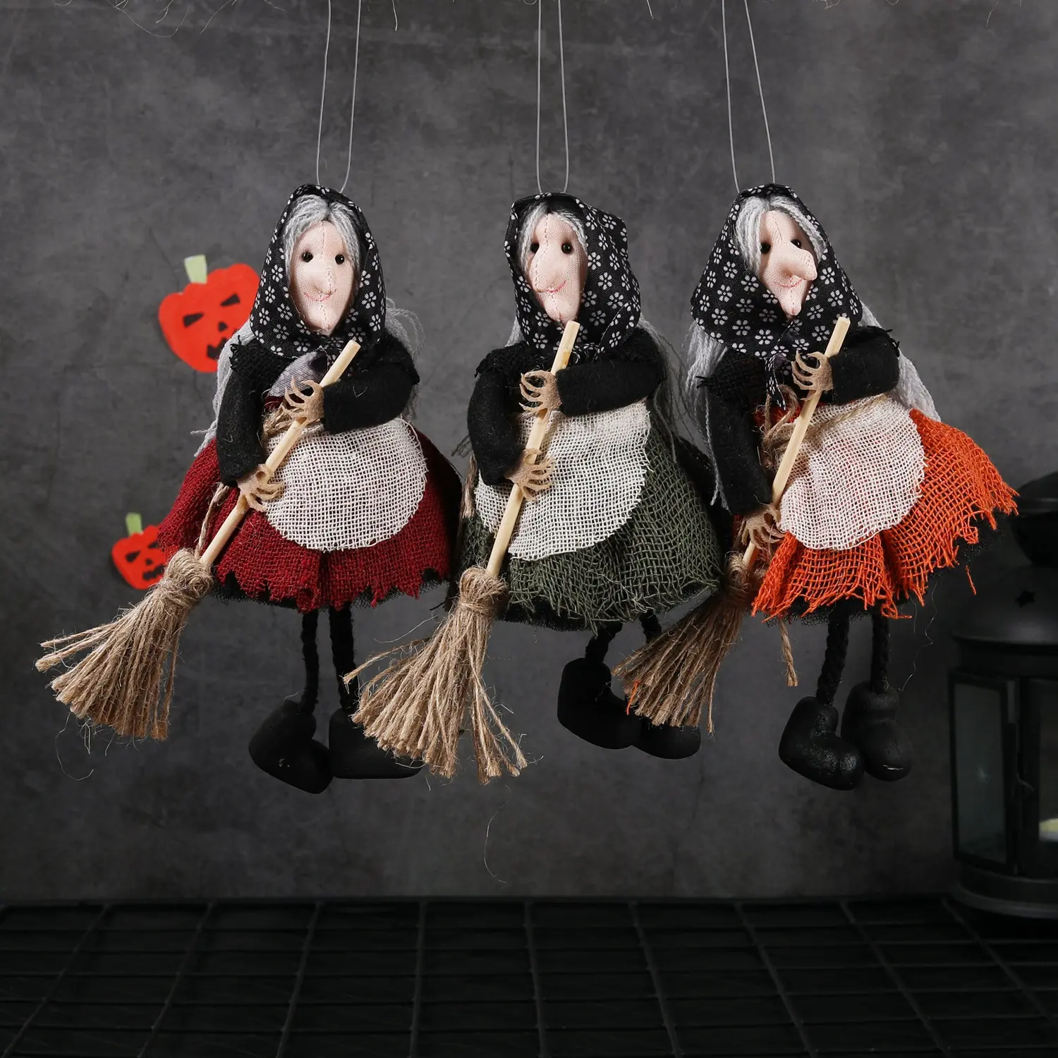 3PCS Hanging Witch Ornament, Vintage Style Figure Decor with Broom, Holiday Tree Hanging Decorations, Indoor Home Party Decor