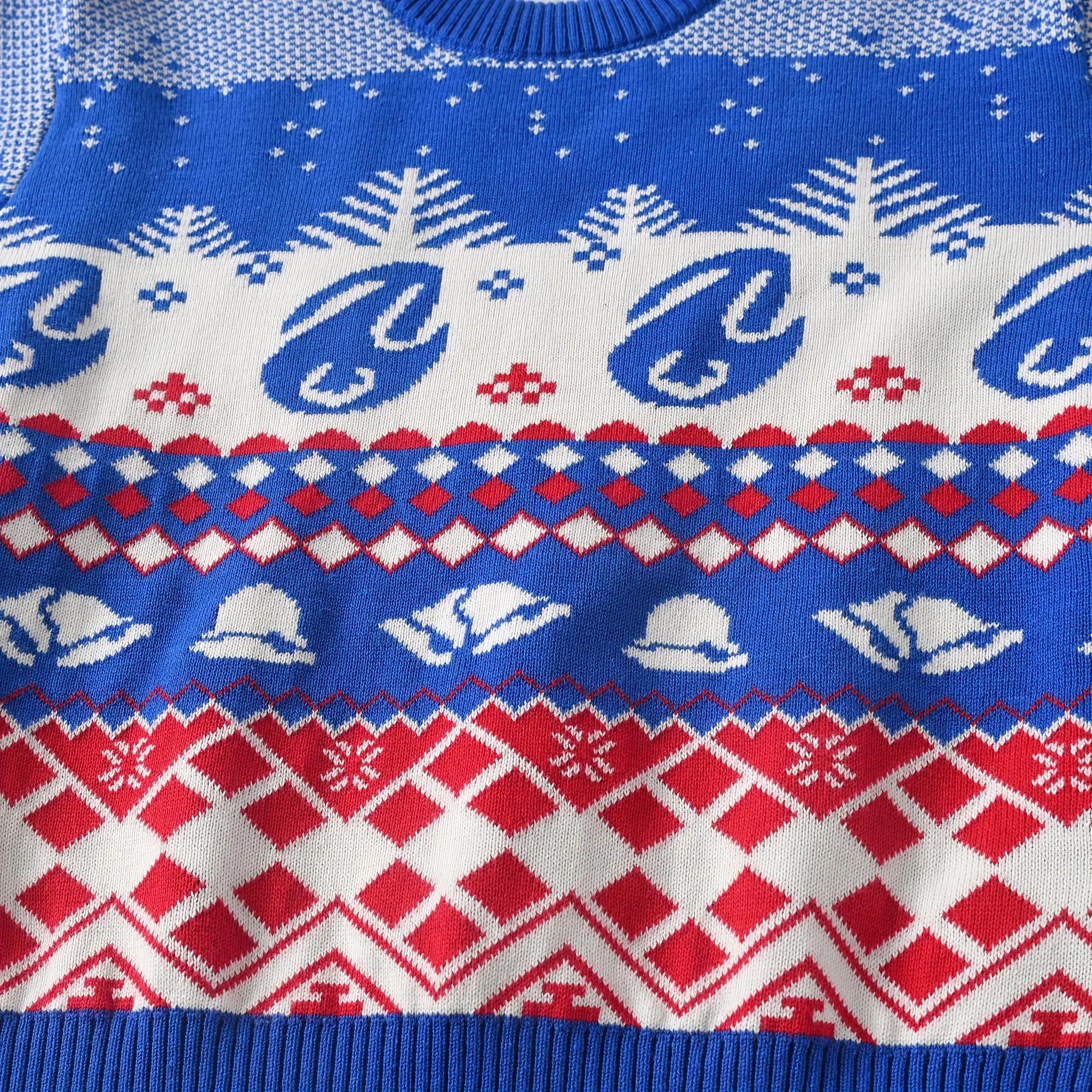 Boys' Heavy-Duty Winter Sweater - Double-Layer Thick Knit Pullover with Reindeer & Snowflake Christmas Pattern, Blue/Red/White Sweater Vest for Kids, Machine Washable Round Neck Long Sleeve Coat-like Top (Holiday & Casual Attire)
