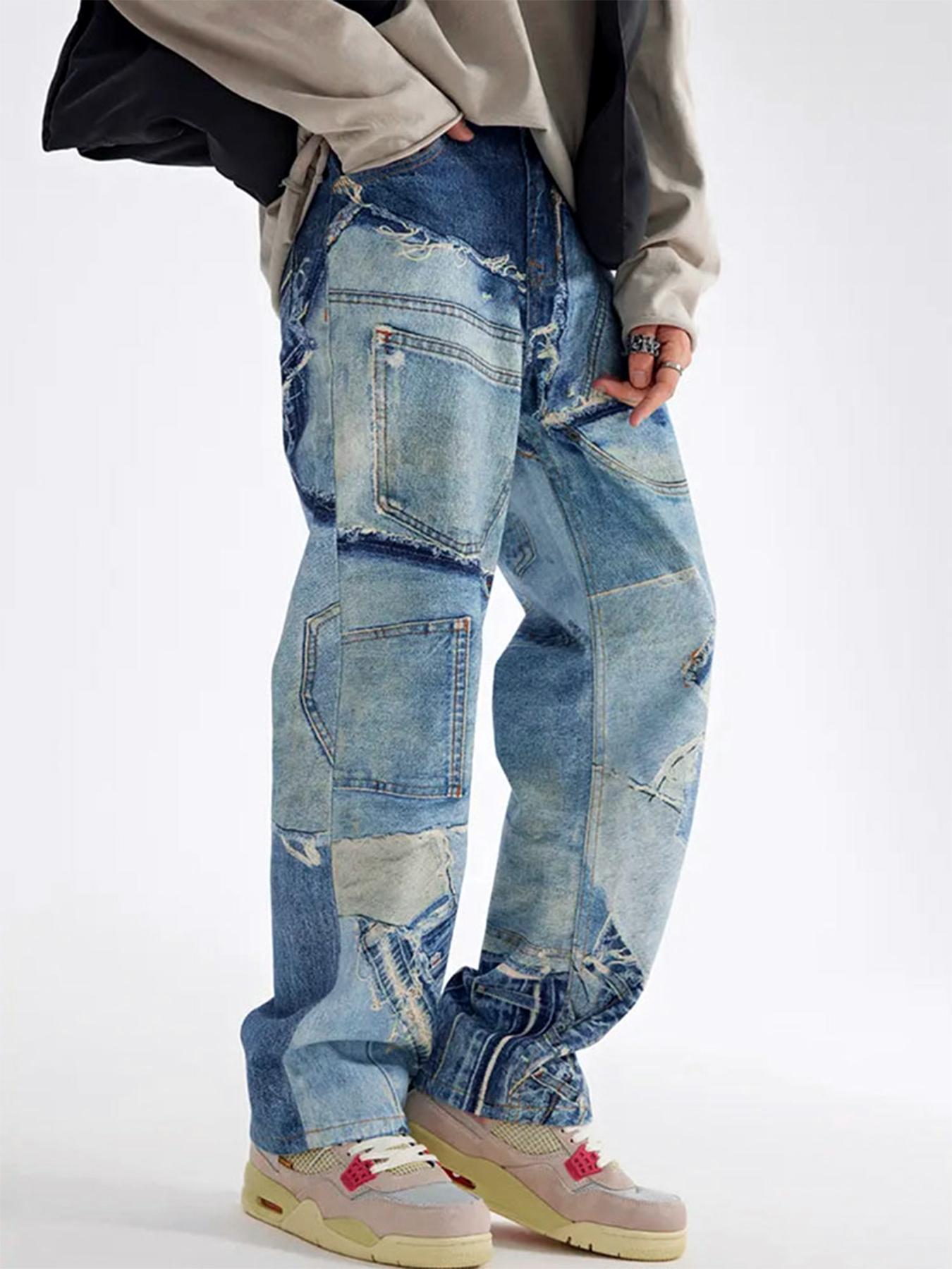 Unisex Men's Denim-Effect Print Pocket Straight Leg Pants, Loose Street Fashion Casual Button Fly Trousers for Daily Wear, Mens Bottoms for All Seasons, Street Style, Menswear, Streetwear, Ripped Jeans