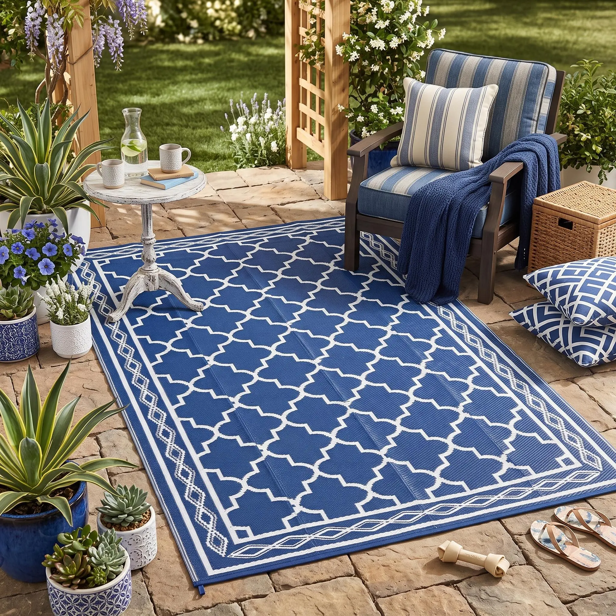 PP Woven Trellis Geometric Outdoor Patio Rug, Waterproof UV Resistant Foldable Camping Mat with 4 Rug Stakes and Carry Bag, Plastic Straw Carpet Stain proof Backyard Balcony Poolside Decor for Garden Picnic RV Beach Apartment Deck Terrace
