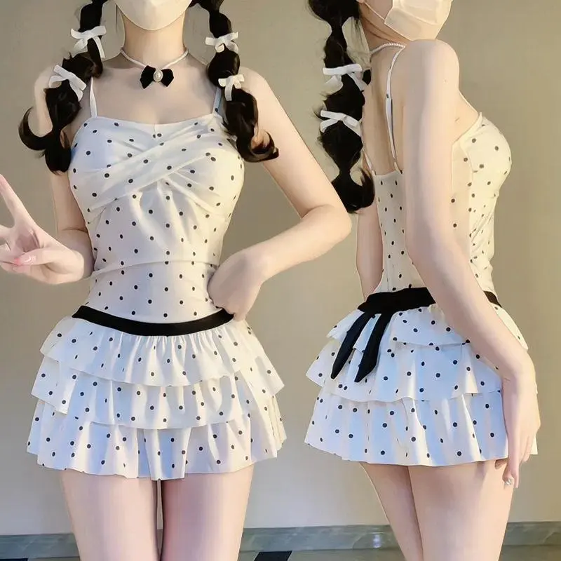 Sweet Polka Dot Spaghetti Strap  Piece Swimsuit with Tiered Ruffle Skirt Bow Accent Modest Swimwear for Beach Pool Vacation