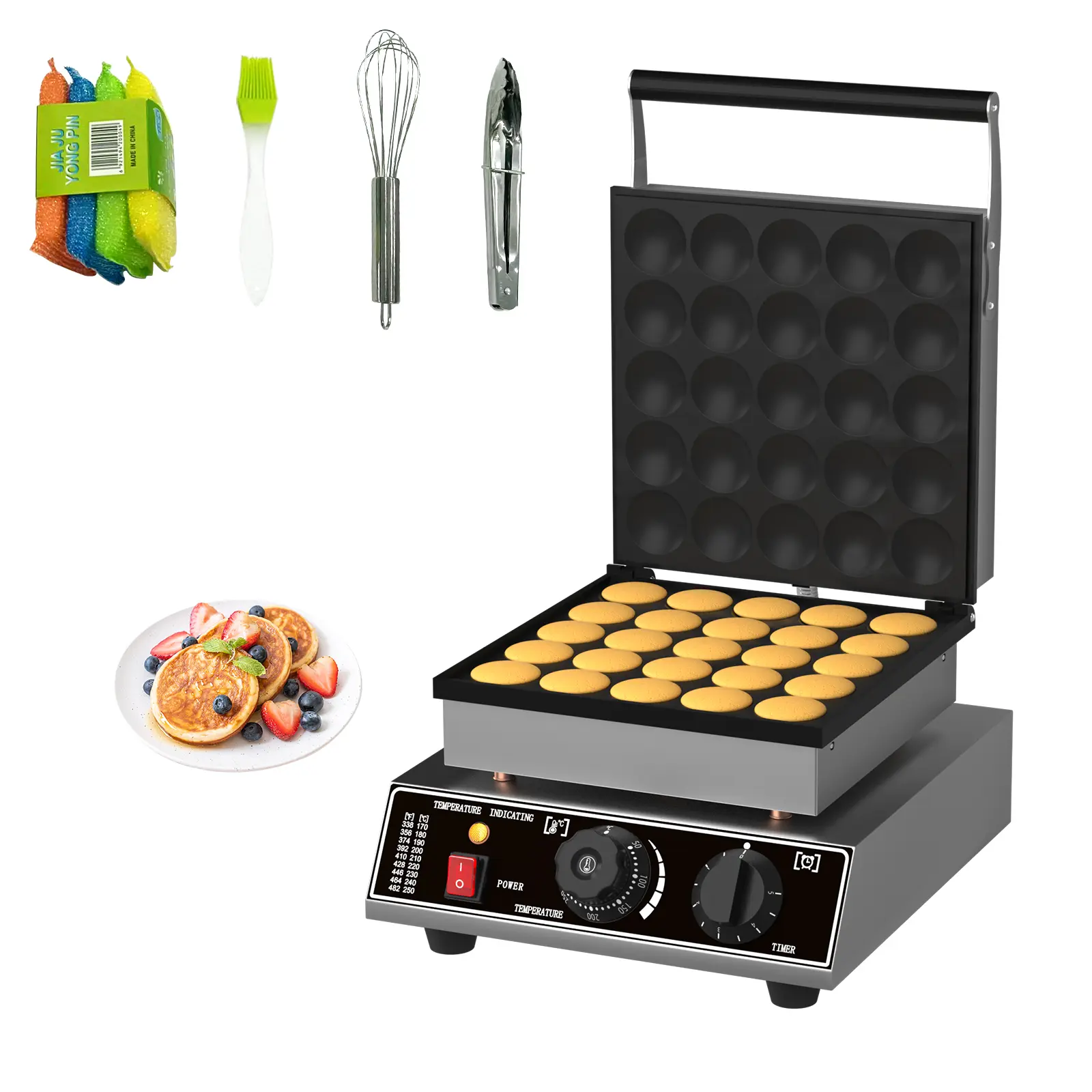 Máquina comercial mini pancakes y waffles 1750W acero inoxidable - superficie antiadherente con control de época y temperatura, calentamiento uniforme con tapa - ideal hogar y restaurante