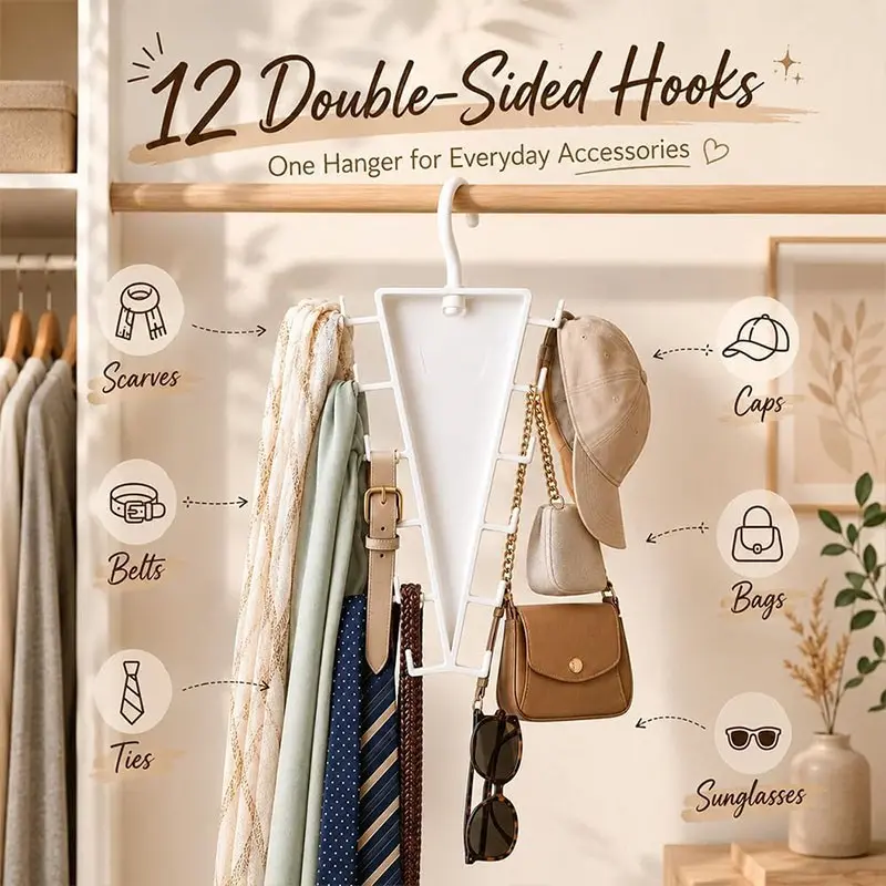 V-Shape Dual-Sided Closet Organizer Rack, 360-Degree Rotating Multi-Layer Vertical Clothes Hanger, 12 Hooks, Space-Saving Hat Scarf Belt Bag Tie Holder