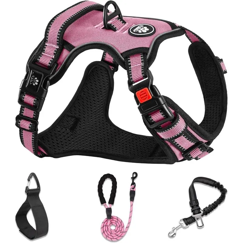No Pull Dog Harness with Leash, Adjustable Reflective Oxford Pet Vest with Soft Control Handle for Walking Training and Outdoor Travel, Pink Medium