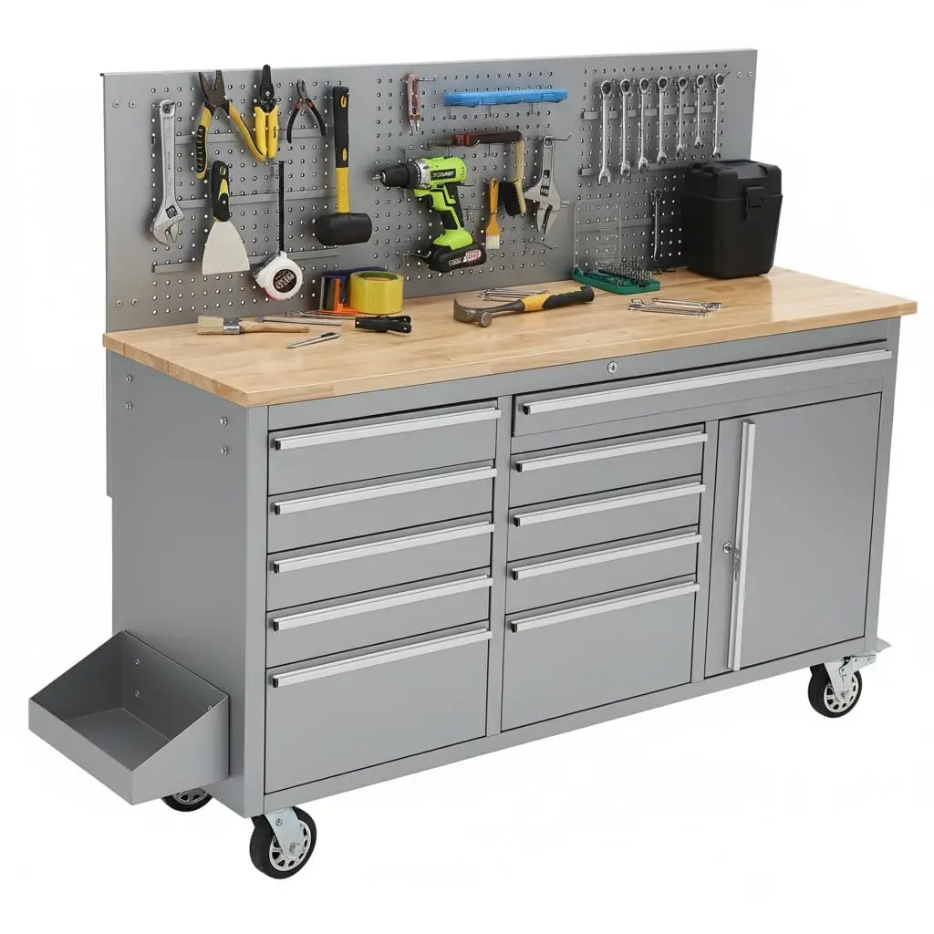 Mobile Rolling Workbench with Wood Tabletop, Storage Drawers and Pegboard Organizer, Heavy Duty Garage Workshop Work Table with Convenient Power Access Design sohochic
