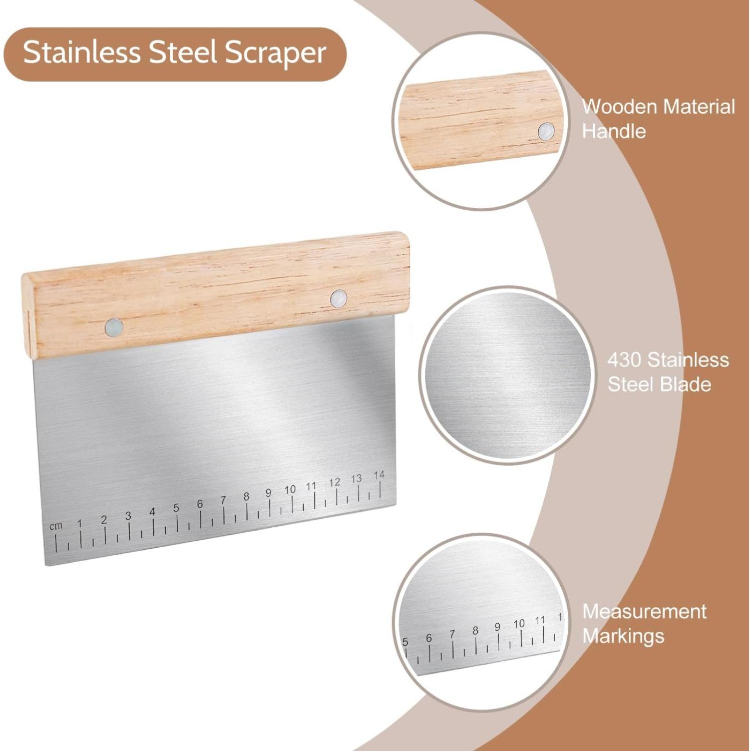 5 Pcs Bench Scraper, Bench scraper kitchen 2 Pcs Stainless Steel Dough Scraper with Wood Handle and 3 Pcs PP Food Scraper with Hanging Hole, Multipurpose Bread Dough Cutter for Baking