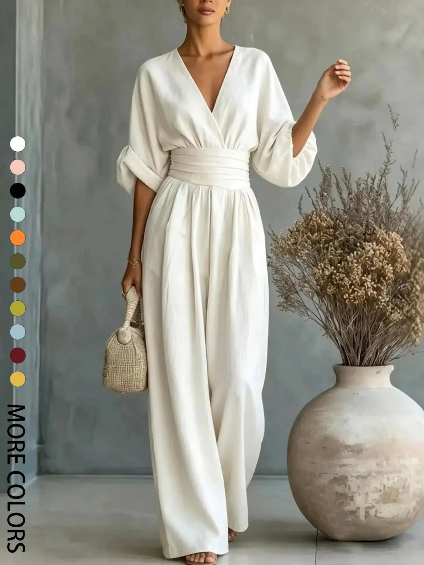 Summer new minimalist V-neck one-piece wide leg pants with cinched waist for slimming effect, Waistband Fashion jumpsuit, Bubble sleeve design is suitable for daily travel, commuting