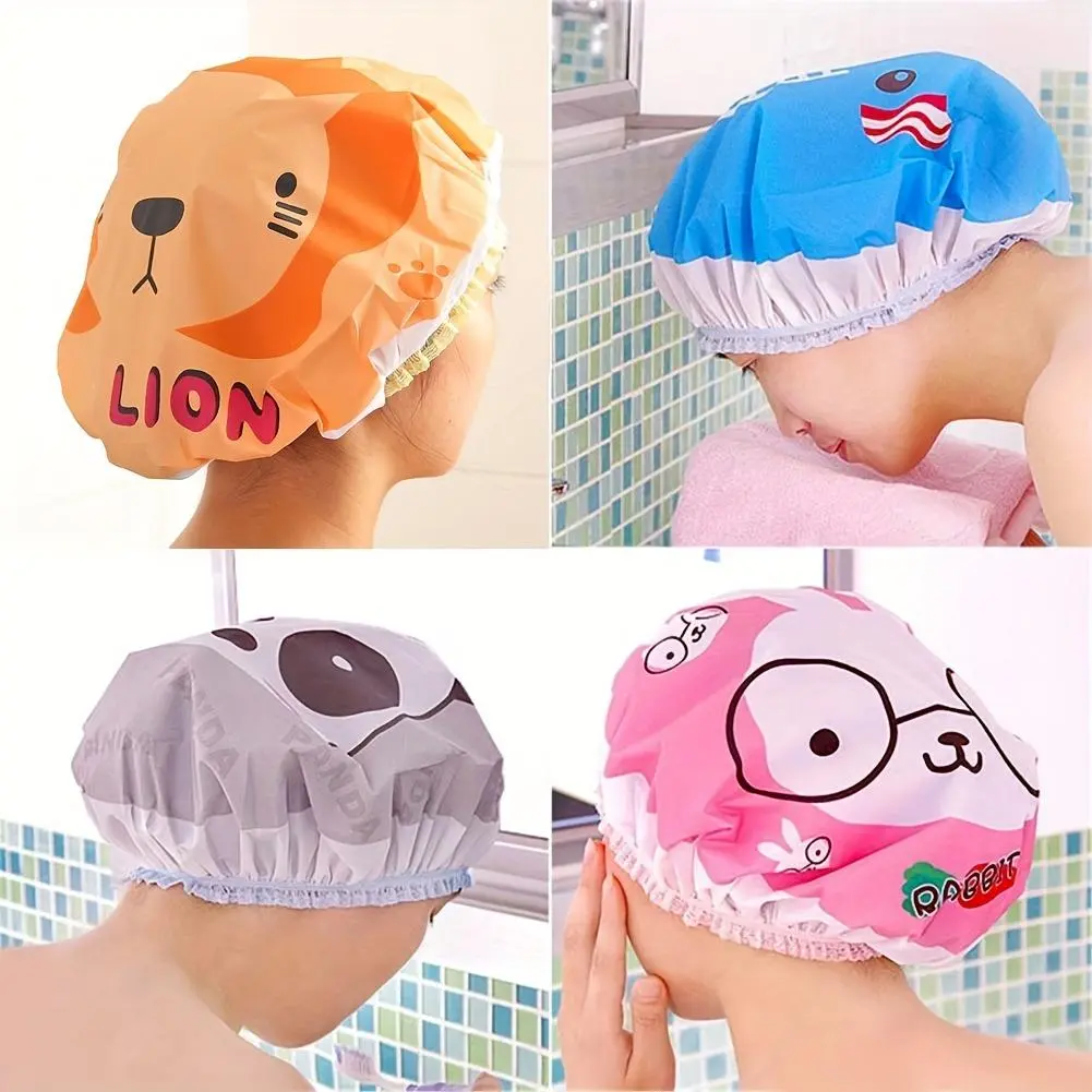 Cartoon Print Reusable Waterproof EVA Shower Cap, Bathroom Hair Protection Head Cover, Home Supplies Travel Essential