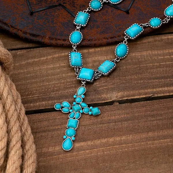 Women's Antiqued Metal Bohemian Cross Motif Necklace - Female Casual Party Turquoise Costume Jewelry, Geometric Inlaid Design, Ideal for Everyday Wear or Vacation, Short Neck