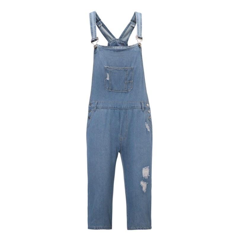 Plus Size S-3XL Men Denim Overalls Jumpsuit Shorts Ripped Hole Suspender Bib Jean Pants Cargo Work Summer Casual Slim Loose Street Wear Outfit Black Blue