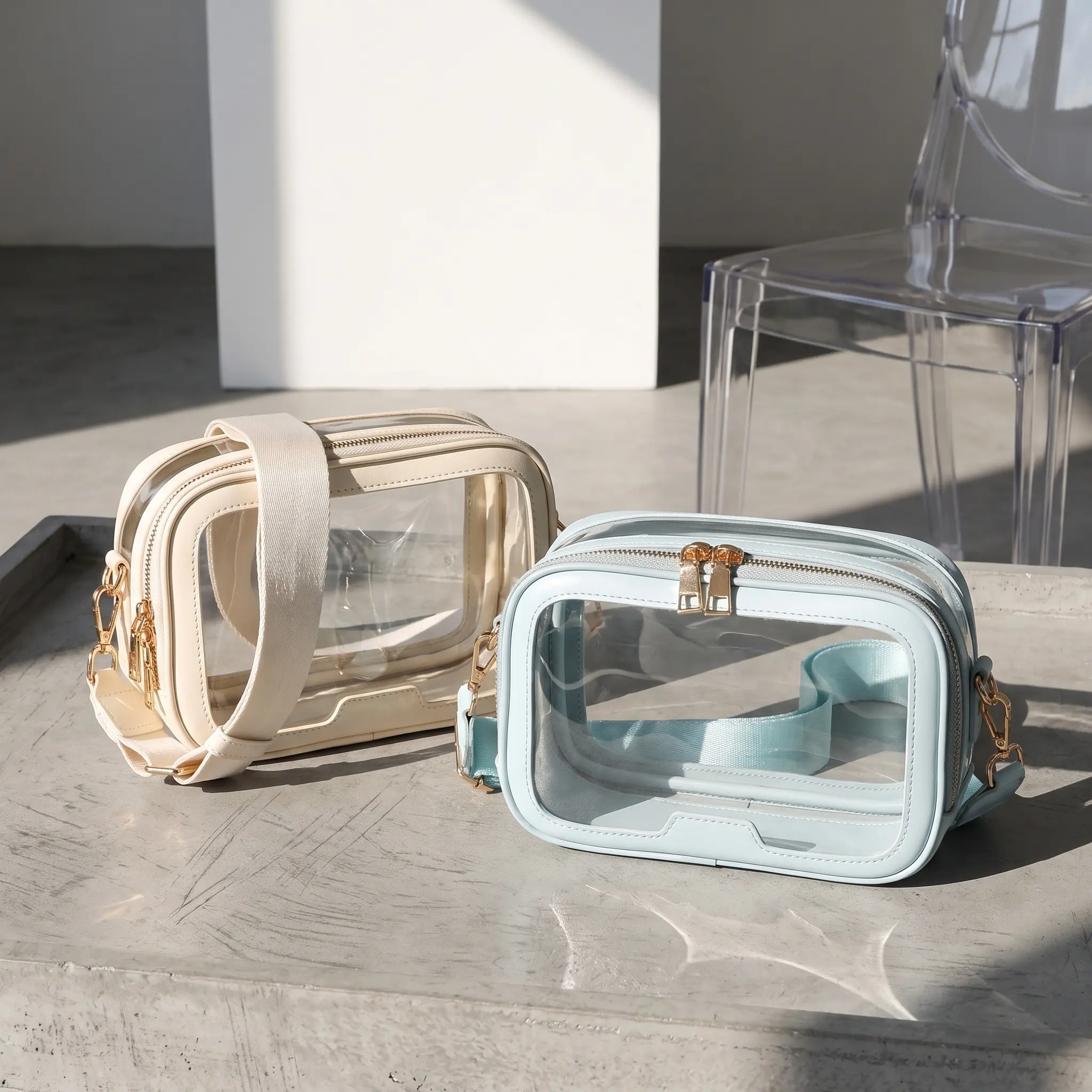 Women's trendy transparent crossbody and shoulder bag—a minimalist, solid-color small PVC box bag perfect for everyday outfits and street style. Suitable for concerts and stadiums.