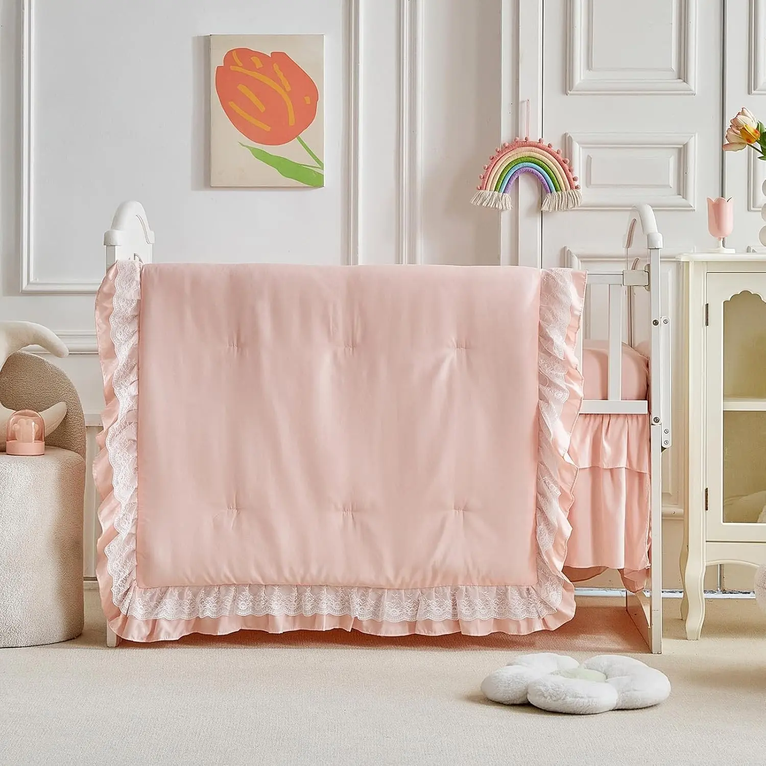 3 Pieces Boho Lace Ruffle Crib Bedding Set, Quilted Comforter with Fitted Sheet and Bed Skirt, Soft Cute Ruffled Shabby Chic Baby Bedding, Cream White Beige