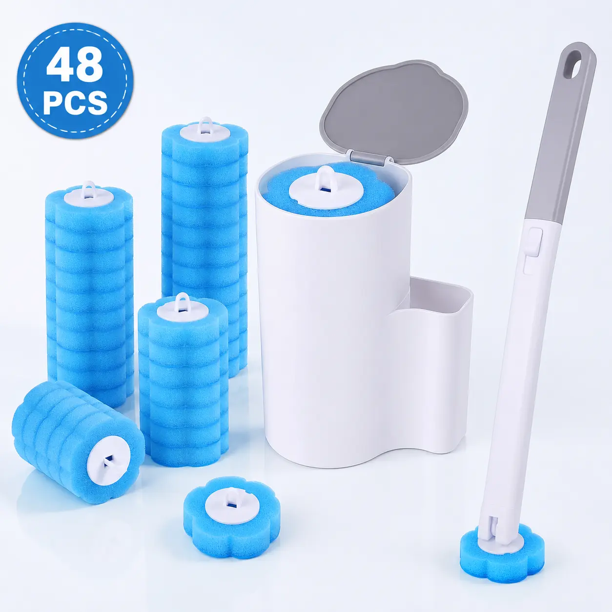 Disposable Toilet Brush with 48 Refills, Toilet Bowl Cleaner Wand with Wall-Mounted Holder and Storage Box for Hygienic Bathroom Cleaning