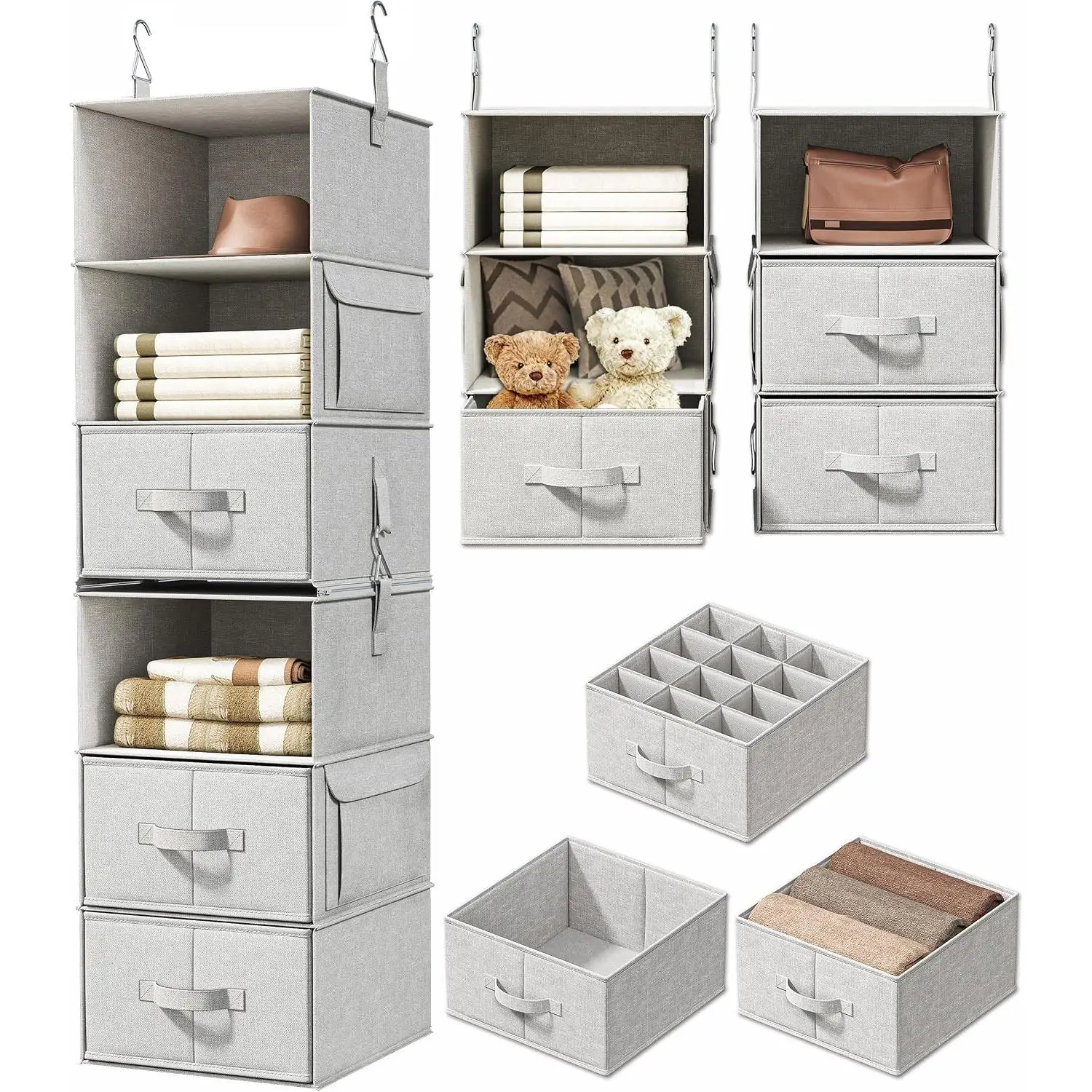 6-Shelf Hanging Closet Organizer with 3 Drawers, 2 Separable 3-Shelf Closet Organizers and Storage for Wardrobe Organization, Hanging Dresser for Nursury & Dorm Clothes Organizer
