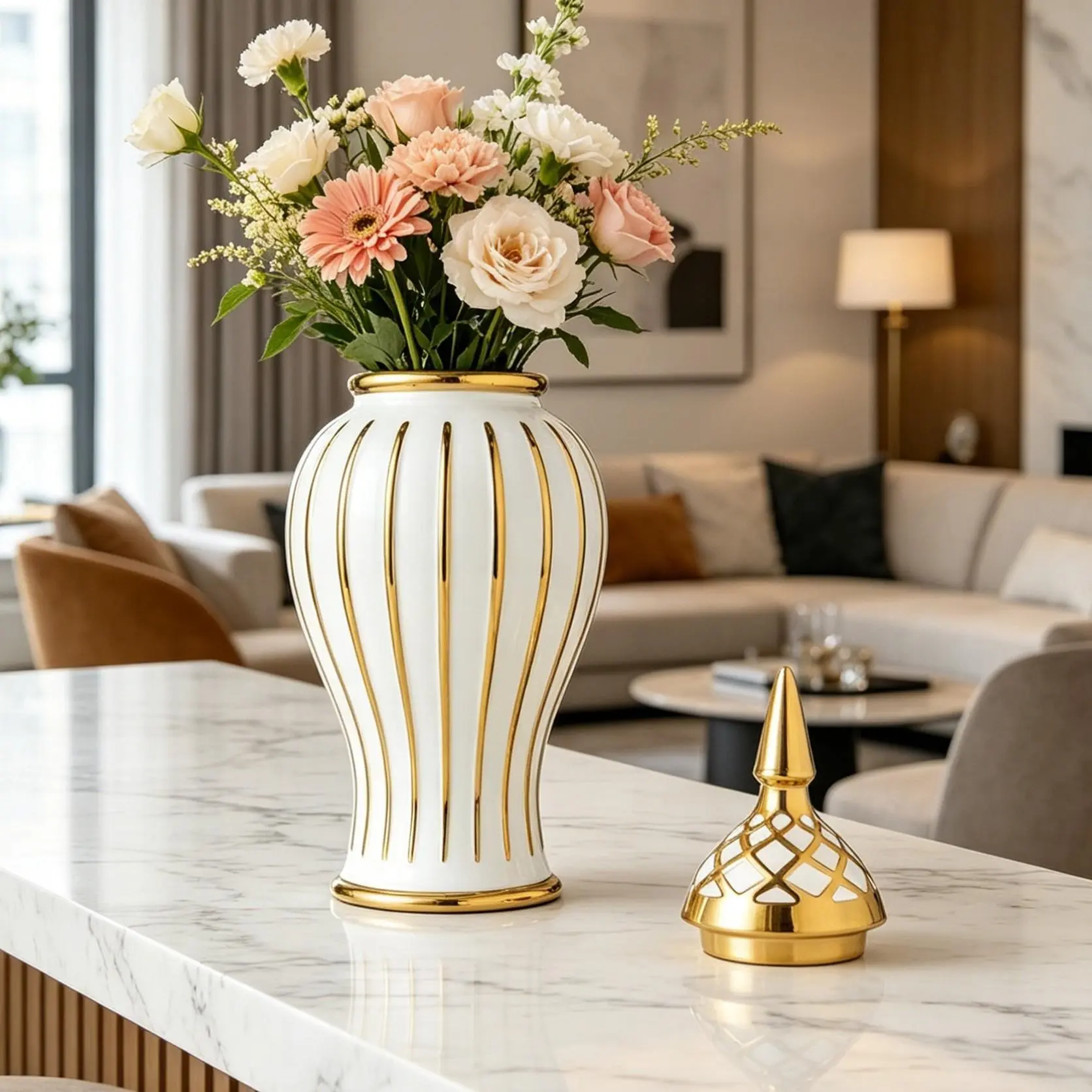 Luxury Gold Ceramic Vase, Modern Elegant Floral Arrangement, Water Culture Storage Decor, Living Room Entryway Dining Office Home Decoration, Home Decorative Vase