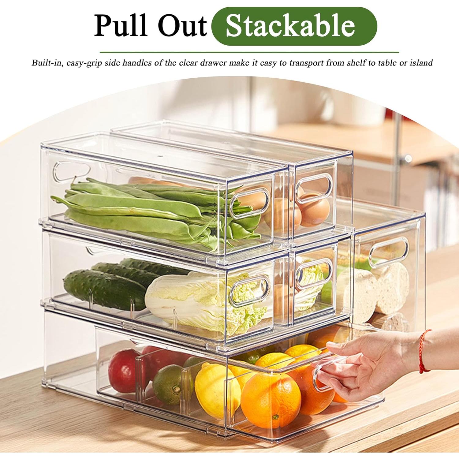 2 Pack Fridge Organizers and Storage with Pull out Drawer, Stackable Storage Drawer, Clear Refrigerator Organizers,  for Kitchen Cabinet Pantry,3.14QT