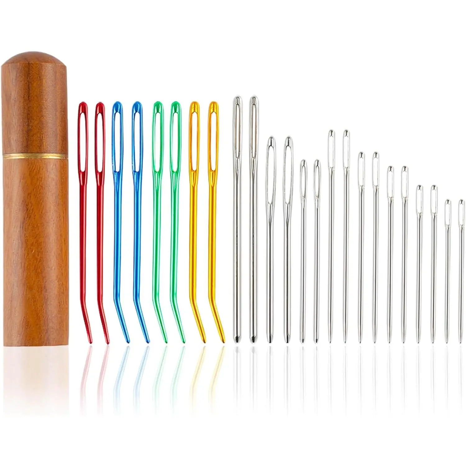 24 count Large Eye Sewing  Kit, Stainless Steel Blunt Darning  & Bent Tapestry  &  Hand Knitting  with Wooden Case, for Crochet/Darning/Yarn/Embroidery Projects