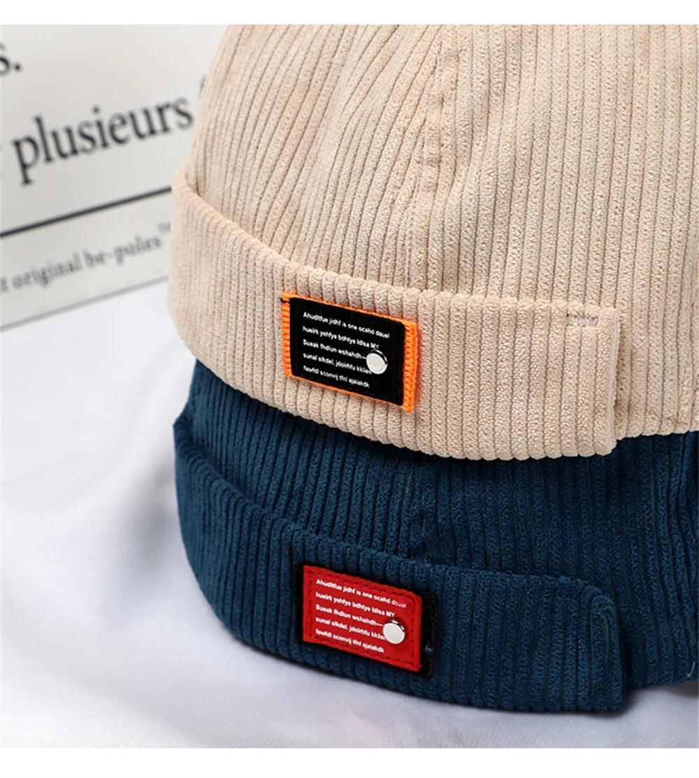 Unisex Corduroy Solid Color Brimless Caps for Men Women Streetwear Hip Hop Hats Retro Beanie Docker Caps Adjustable Dome Hats