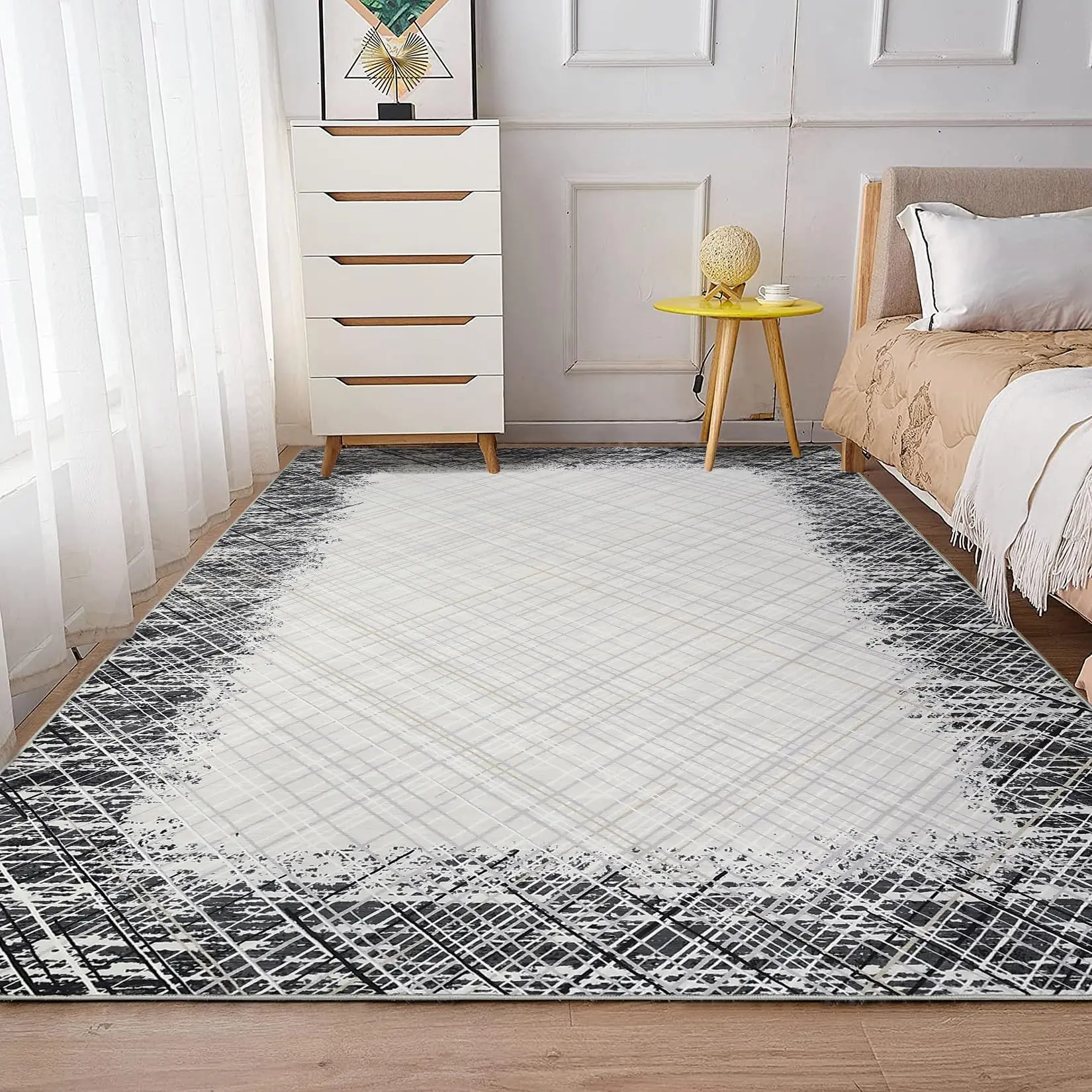 Garvee Washable Ultra Soft 8x10 Area Rug with Non-Slip Backing, Foldable and Stain Resistant Abstract Design, Modern Fuzzy Gray Rug for Living Room and Bedroom