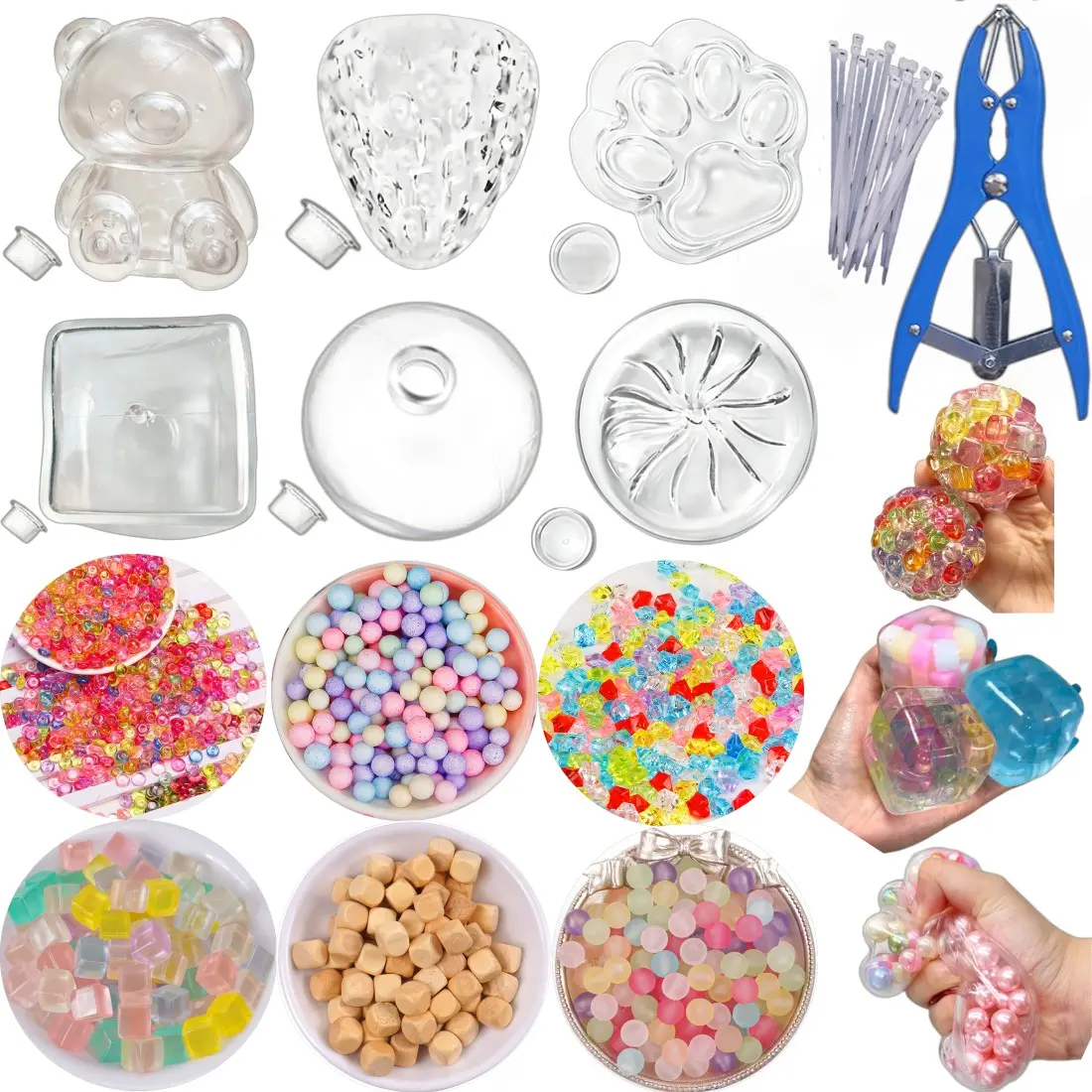 DIY Stress Ball Making Kit, Includes 6 Filling Packs, Bear Cube Strawberry Dumpling Cat Paw Shapes, Expansion Tool, Adult Relaxation
