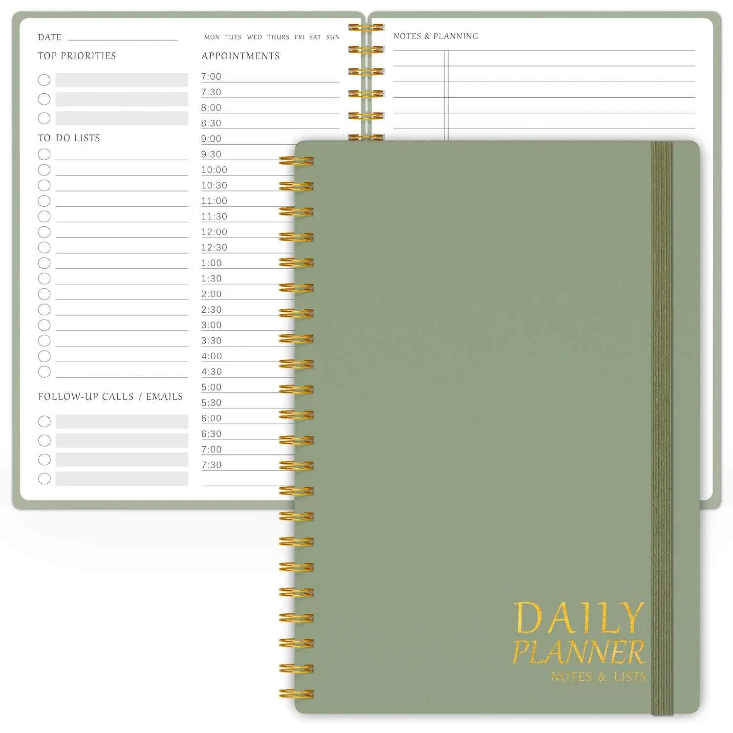 Daily Planner Undated - Simplified  Notebook with Hourly Schedules, Spiral Appointment Organizer, 5.5" x 8.5", Easily Manage Your Tasks and Productivity - Green