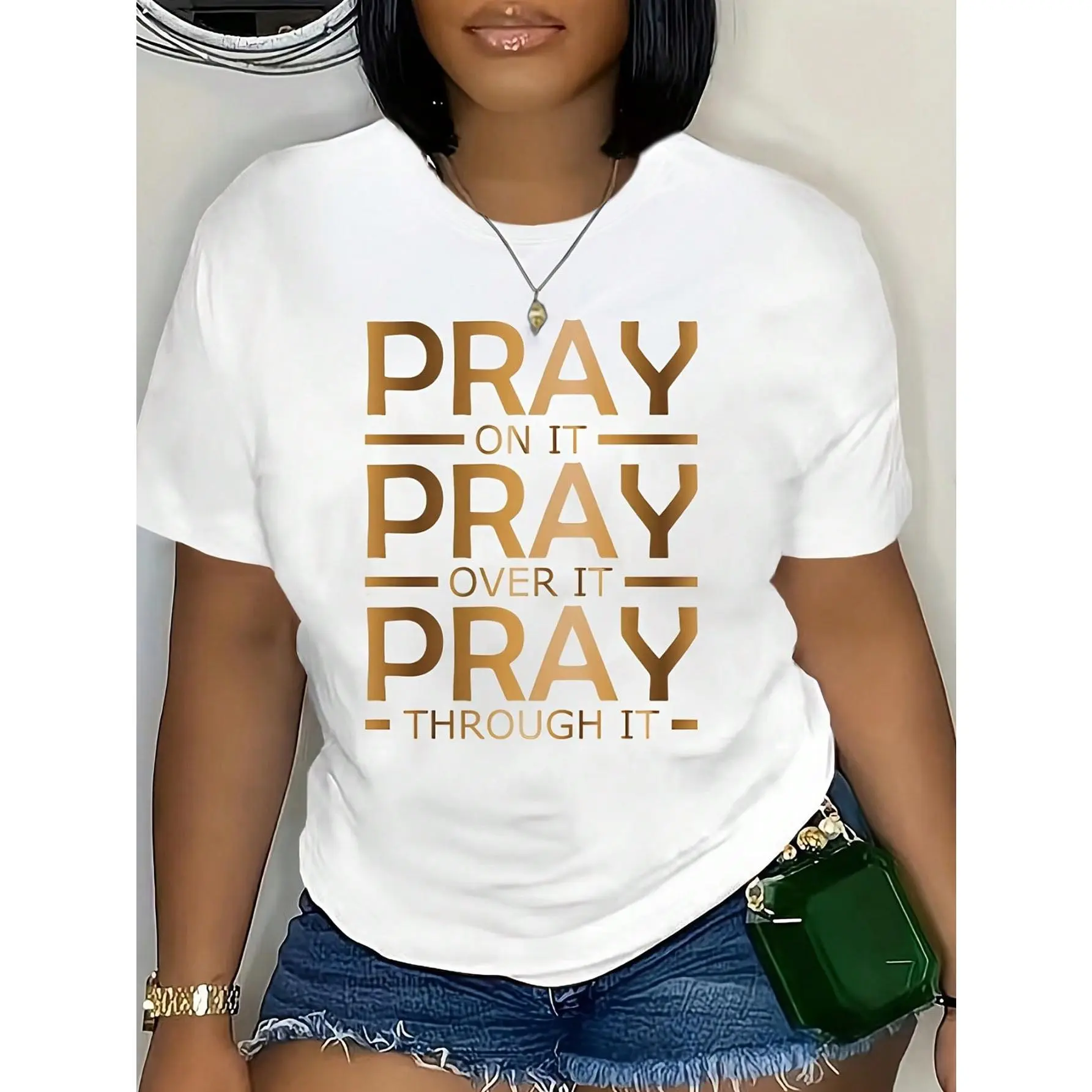 Women's Casual Slogan Graphic T-Shirt - Short Sleeve Round Neck Regular Fit Top in Stretch Knit Fabric, Shortsleeve, Tshirt