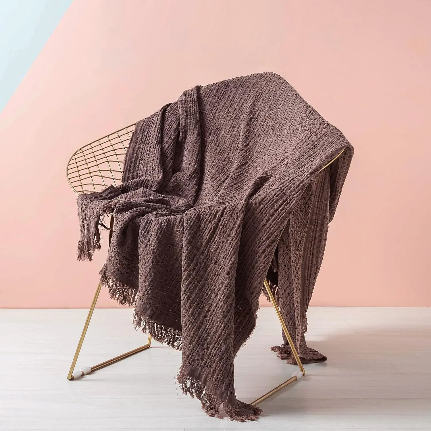 Simple&100% Cotton Throw Blanket for Couch, Bed, Waffle Weave Cable Knit Blanket with Tassels, Soft Lightweight Pre-Washed Breathable Cozy Blanket Farmhouse Decoration for All-Season (Brown)