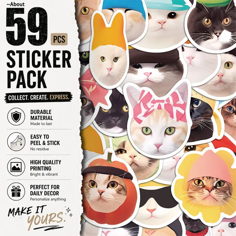 59pcs*5packs Cute Cat Aesthetic Vinyl Stickers Pack for Laptop Water Bottle Phone Case Skateboard Journal Scrapbook DIY Decoration