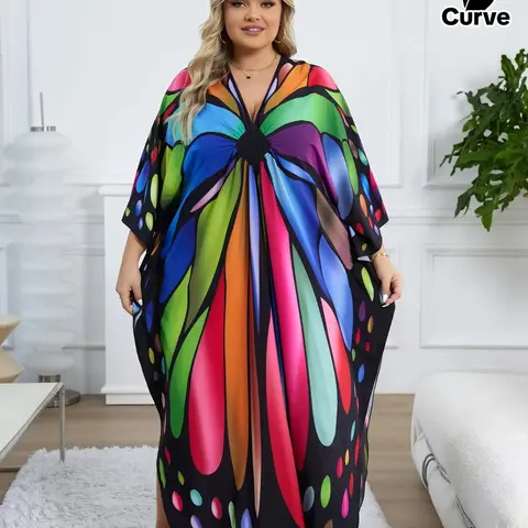 [Plus Size] Butterfly/Feather Print Ruched Split Hem Tunic Dress, Elegant Batwing Sleeve V Neck Long Dress for Summer, Women's Clothes for Beach Holiday Vacation, Boho Casual Dress, Bohemian Aesthetic, Bohemian Beach Dress, Boho Fashion Dress