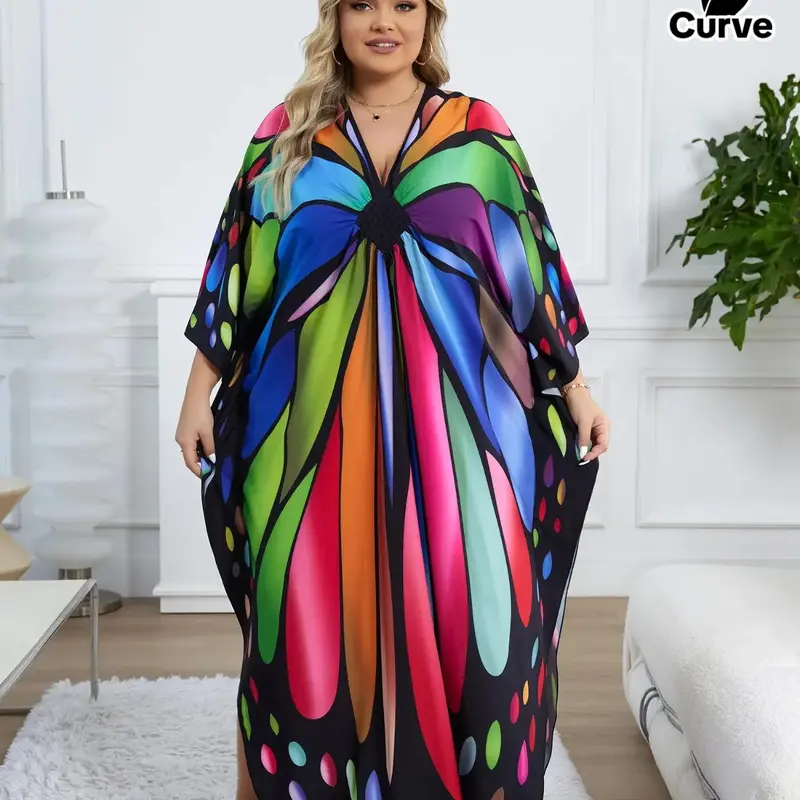 [Plus Size] Butterfly/Feather Print Ruched Split Hem Tunic Dress, Elegant Batwing Sleeve V Neck Long Dress for Summer, Women's Clothes for Beach Holiday Vacation, Boho Casual Dress, Bohemian Aesthetic, Bohemian Beach Dress, Boho Fashion Dress