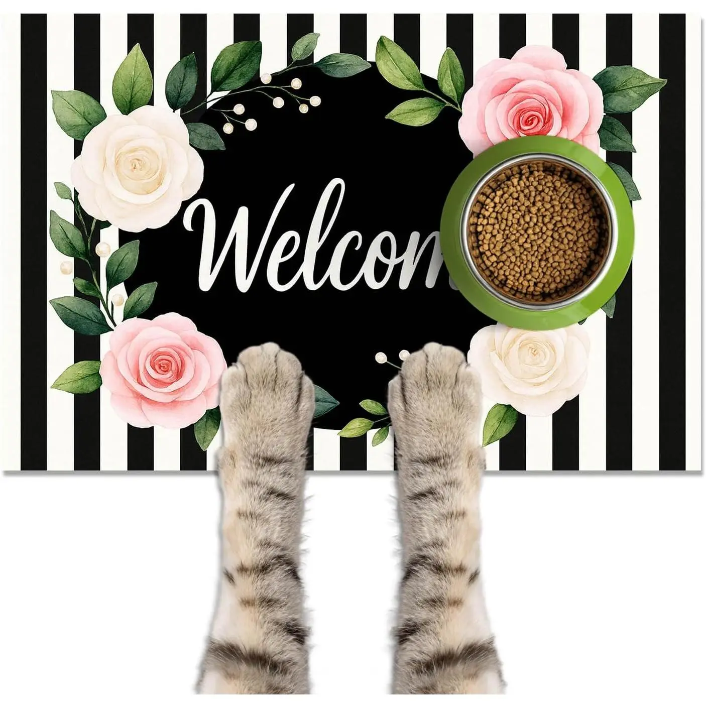 Feeding Mat Floral Stripe Bowl Placemat 24 x 16 Inch | Non Slip Easy Clean  Bowl Mat Indoor Feeding Placemat for  Dining Area and  Corner Floral Stripe