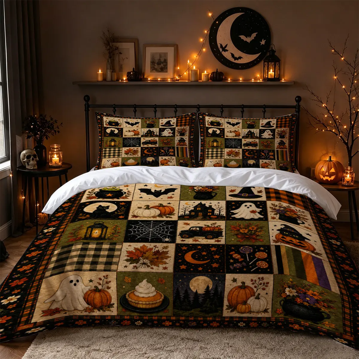 3Pcs Vintage Halloween Pumpkin Ghost Black Cat Witch Patchwork Print Duvet Cover Set, Rustic Farmhouse Fall Bedding with 1 Duvet Cover and 2 Pillowcases, No Comforter, Autumn Bedroom Decor for Adults, Apartments, Dorms and Guest Rooms