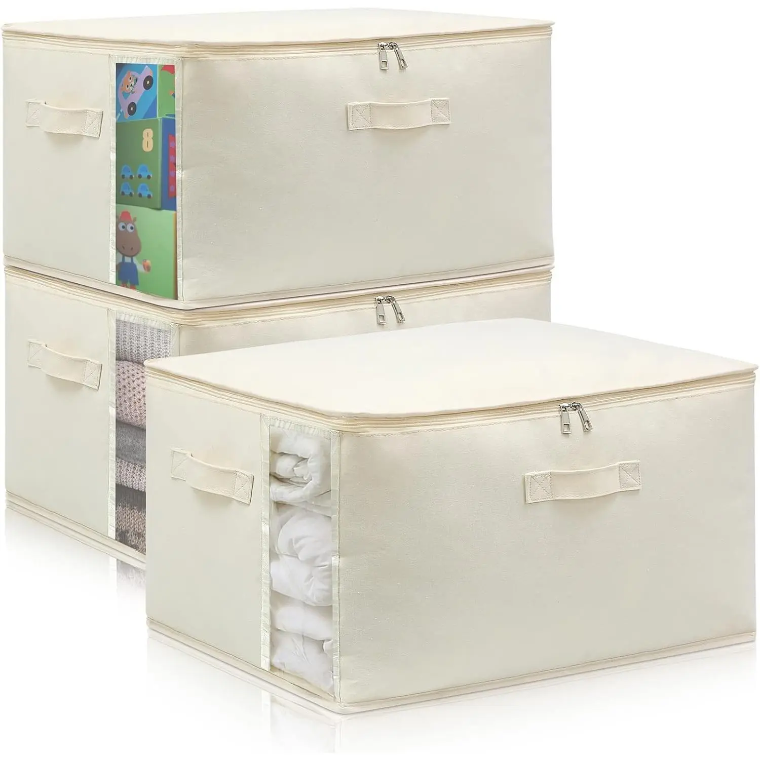 Canvas Comforter Bags Closet Organizers Storage for Quilts Clothes, Bins with Sturdy Zipper Clear Window 75L for Sweaters Blankets Bedroom Collapsible
