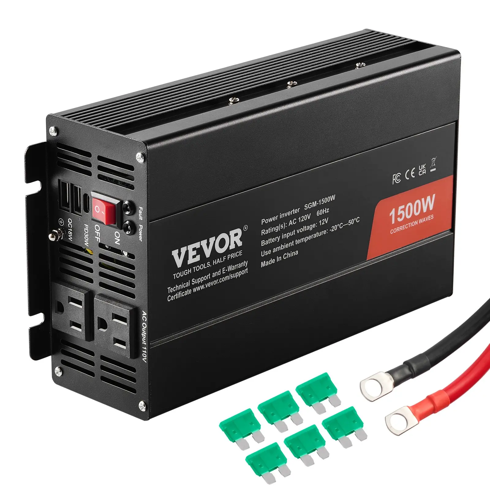 【Summerfinds】VEVOR 1500W Power Modified Sine Wave Inverter - DC 12V DC Input to AC 120V, Compact, Copper Wires, 2 AC Outlets, 2 USB Ports, 1 Type-C Port, 6 Spare Fuses, for Small Devices, CE FCC Certified