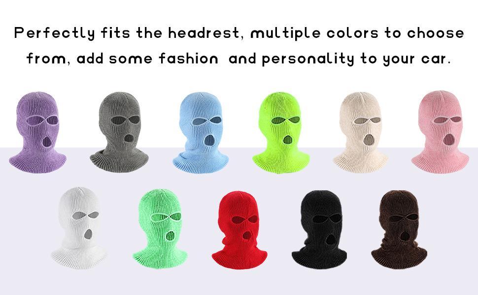 2 PCS Car Headrest Cover, Personalized Funny Car Seat Full Face Mask, Ski Mask Wrap Protection for Auto Front Seat Rest Decoration, Universal Interior Car Accessories (White)