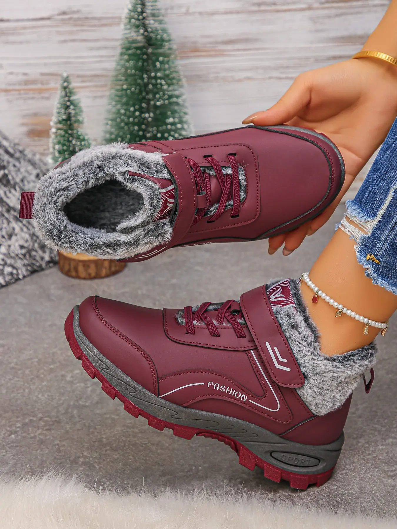 Women's New Fashion Comfortable Winter Snow Boots, Thick Fleece Warm Walking Shoes, Non-Slip Rubber Sole, Medium Width, All Seasons